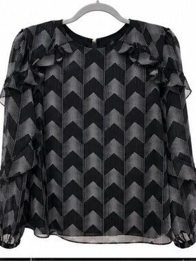Ted Baker Black and White Chevron Dot Ruffle Sleeve Blouse